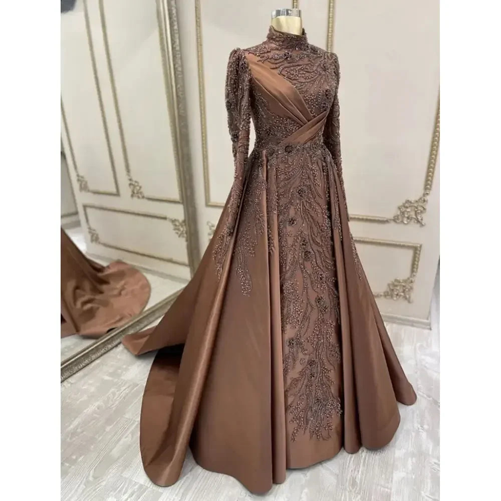 Muslim High Collar Long Sleeve Evening Dress Satin Lace Beaded Ball Dress Formal Party Dress Robe Customization