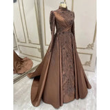 Muslim High Collar Long Sleeve Evening Dress Satin Lace Beaded Ball Dress Formal Party Dress Robe Customization