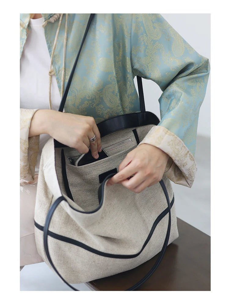 2024 Autumn Cotton And Linen Blend Material Tote Soft And Portable Shoulder Bags Women Casual Practical Bag