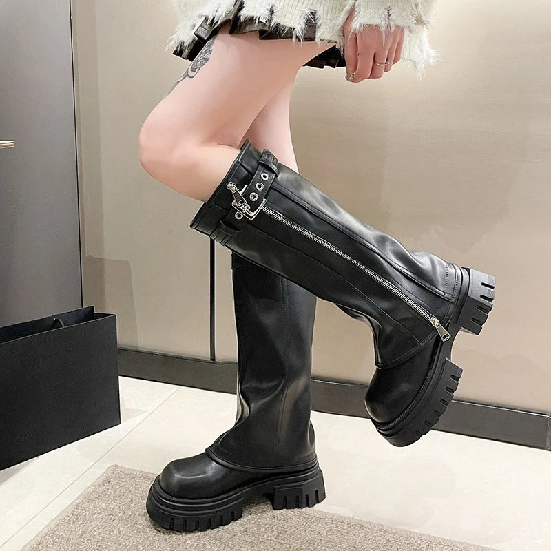 Women's Biker Boots – Belt Buckle Platform Mid-Calf