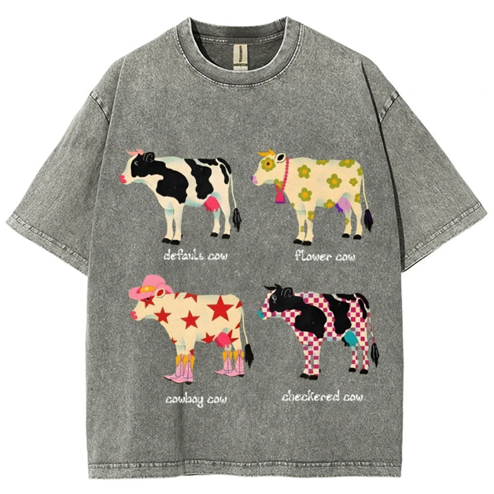 Cute Cartoon Cow Print T-Shirt Pure Cotton Washed Shoulder Round Neck Neutral Style Fashion Trend New High Quality Short Sleeves