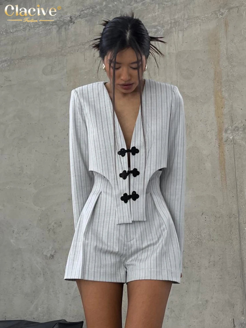 Clacive Fashion Stripe Print 2 Piece Sets Women Elegant Slim Long Sleeve Irregular Top With High Waist Shorts Set Streetwear