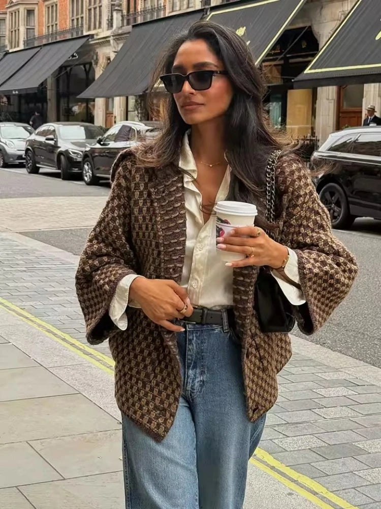 Autumn Brown Knit Cardigan - Elegant USA-Made Loose Sweater Coat