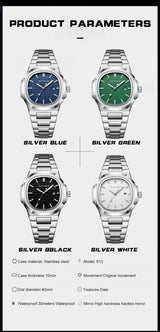 2025 New luxury military man watch square waterproof bright Date week men watch stainless steel Quartz men watches Reloj + box