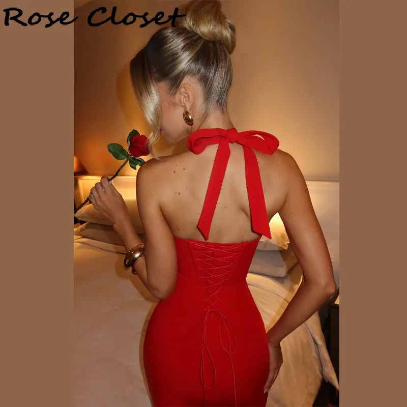 Elegant Bodycon Midi Dress – Halter Neck Evening Gown