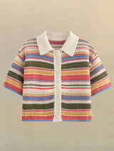 Women Patchwork Striped Hollow Out Crochet Knitted Crop Sweater Shorts Set Short Sleeve Polo Collar Sweater Knit Shorts Suit Y2K