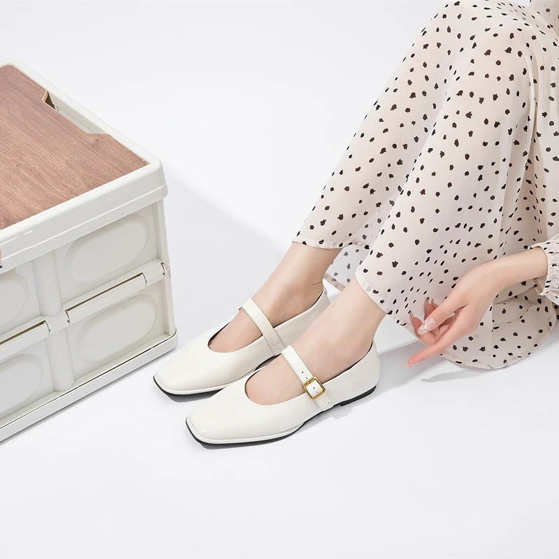 AIYUQI Mary Jane Ballet Flats | Genuine Leather Square Toe