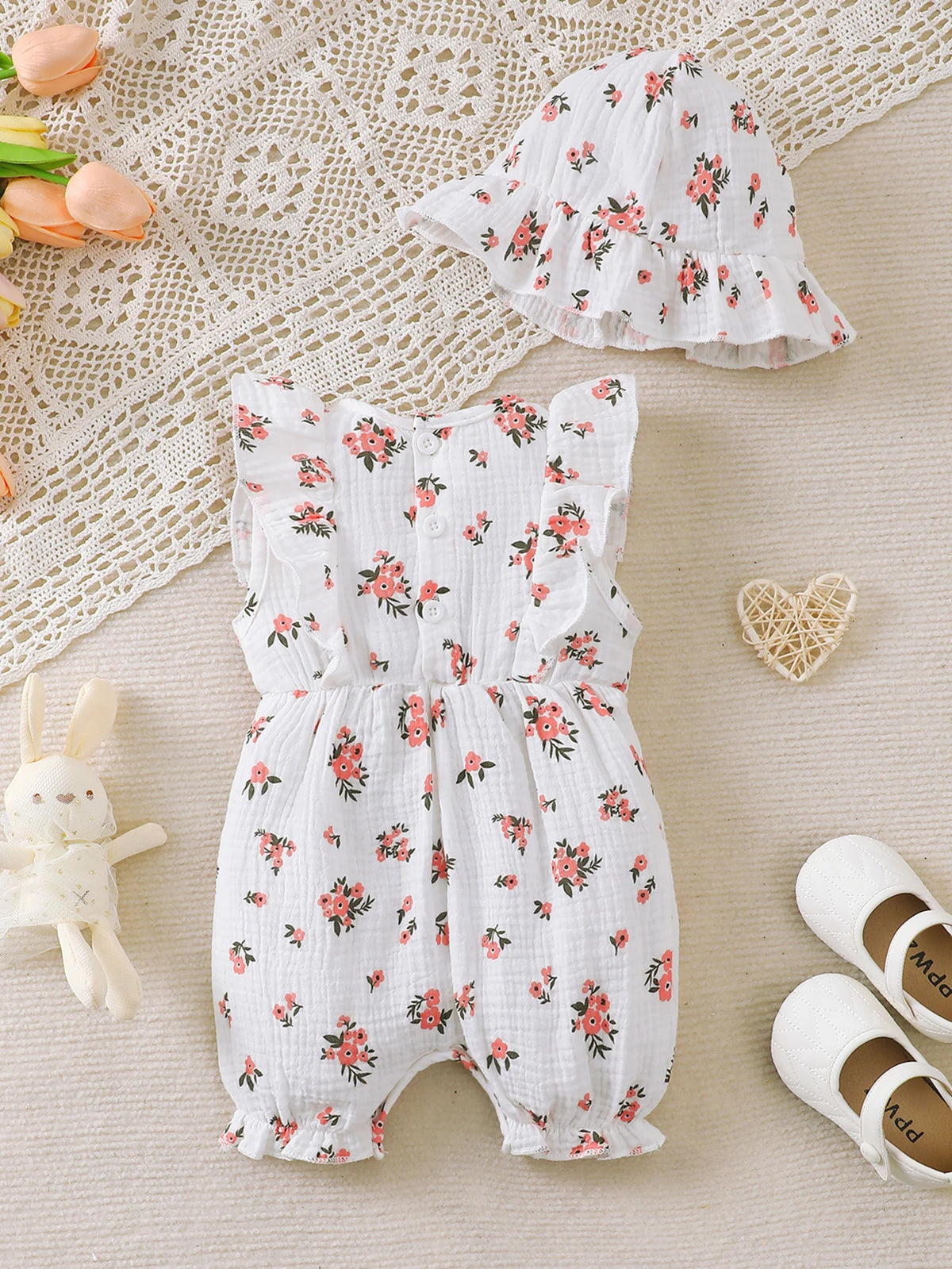 0-18 Months Baby Girl Clothes Set 2Pcs Daisy Print Romper Ruffle Bow Jumpsuit + Hat Summer Infant Newborn Casual Clothing Outfit