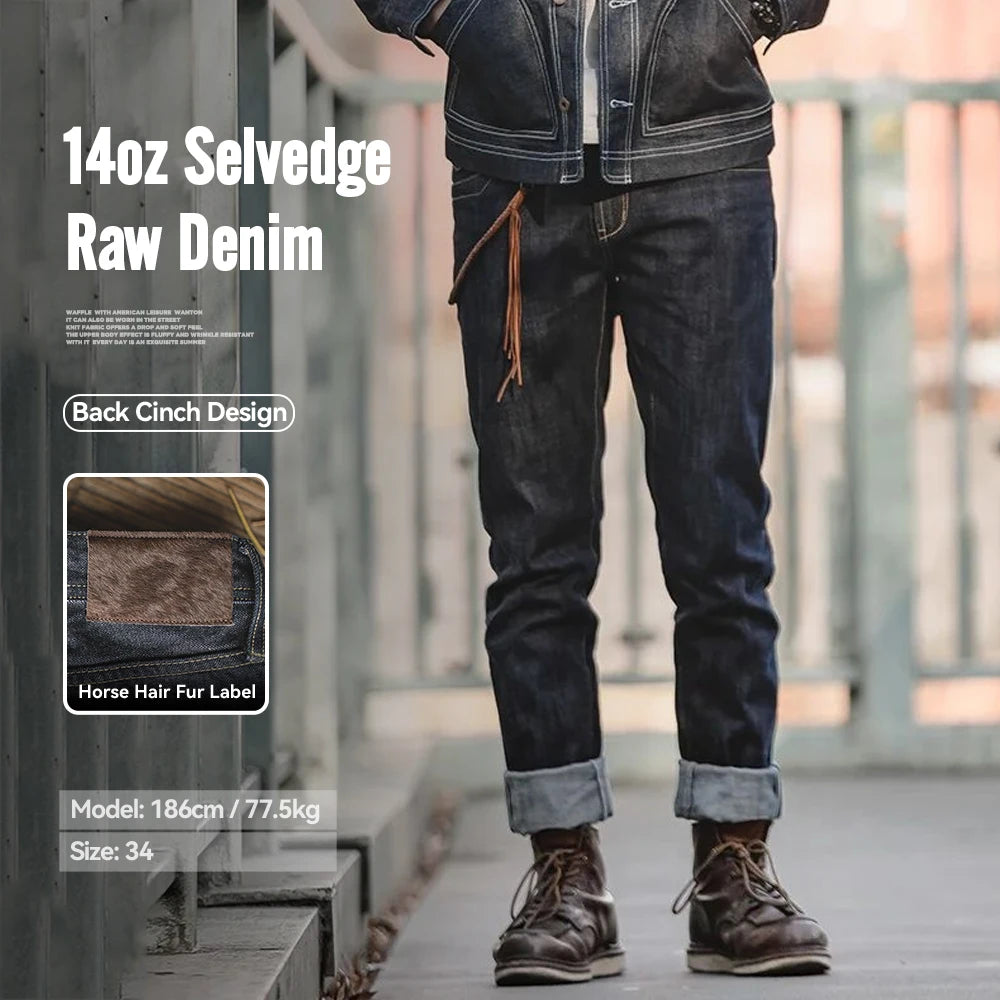 Maden Men's 14oz Raw Selvedge Denim Jeans Vintage Straight Fit Horsehide Leather Patch Paris Buckle Jeans for Autumn and Winter