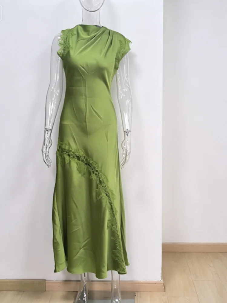 Women Elegant Green Satin Maxi Dress Lace Slit Asymmetric High Neck Draped One-sleeve Slim Fit Lgown Formal Evening Party Outfit