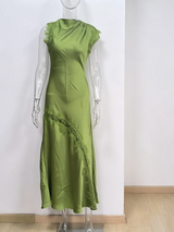 Women Elegant Green Satin Maxi Dress Lace Slit Asymmetric High Neck Draped One-sleeve Slim Fit Lgown Formal Evening Party Outfit