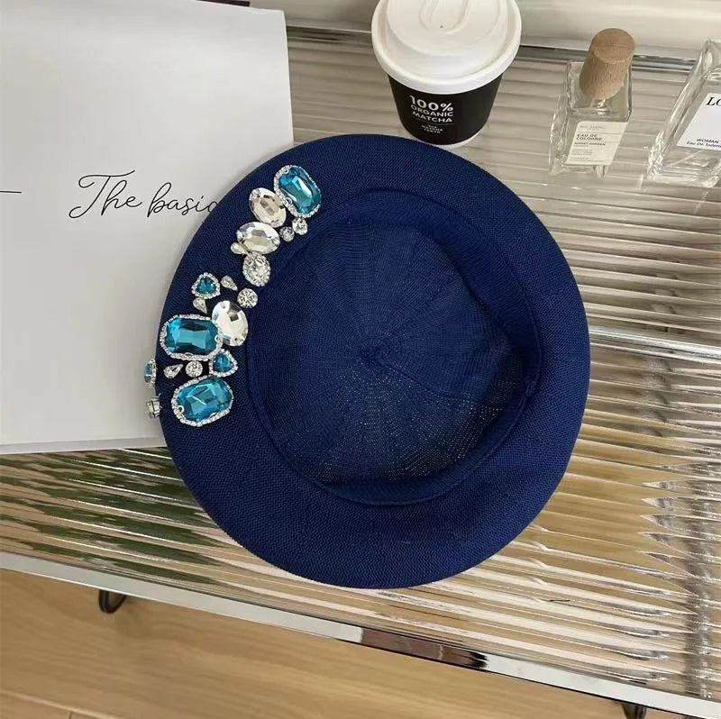 INS Summer rhinestone beret women's new fashion versatile hat thin breathable painter hat handmade rhinestones versatile pumpkin
