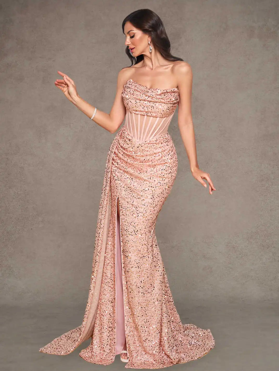 Rose Gold Sequin Strapless Mermaid Evening Gown
