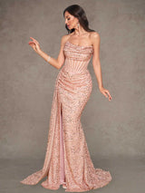 Rose Gold Sequin Strapless Mermaid Evening Gown