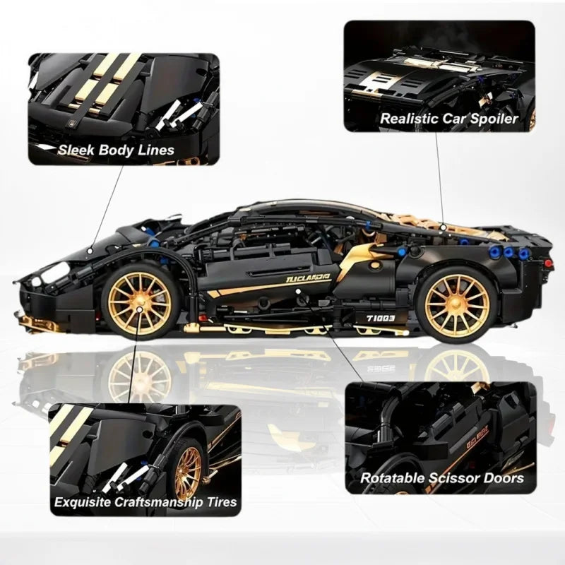 1:14 Black Sports Car Building Blocks Set, Suitable for 14+, Adult Collectiblel Assembled Model, Home Decoration & Gift