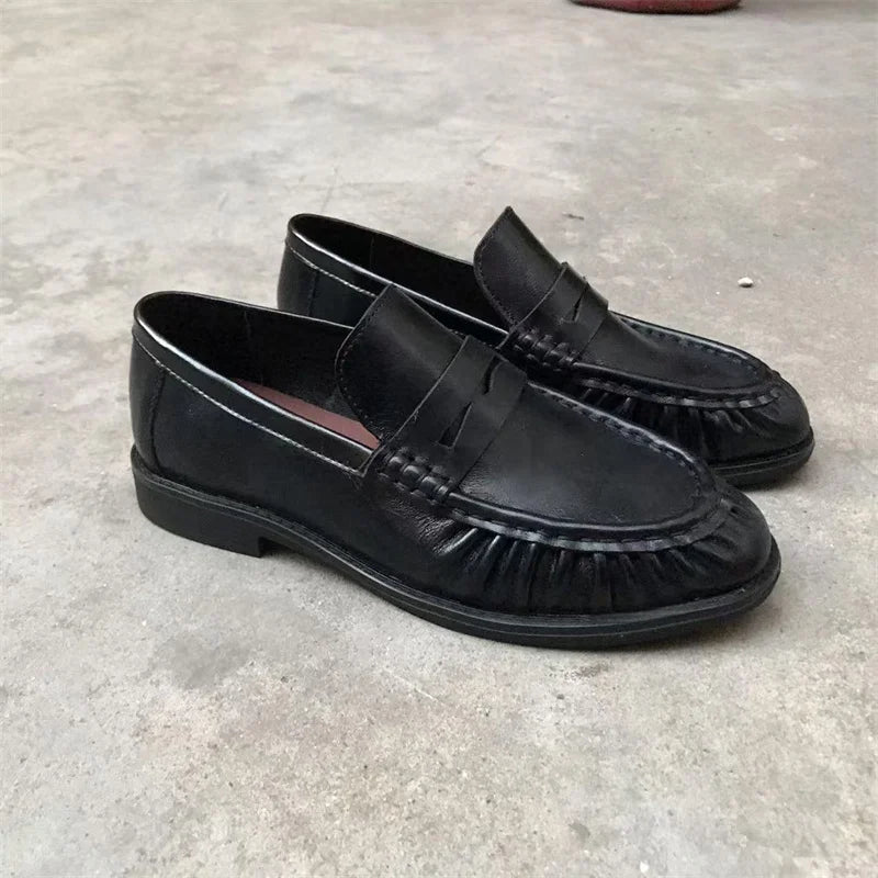 New French Retro Flat Shoes Made of Pure Handmade Calf Leather, Le Fu Women's Rubber Sole, One-Step Comfortable and Casual Singl