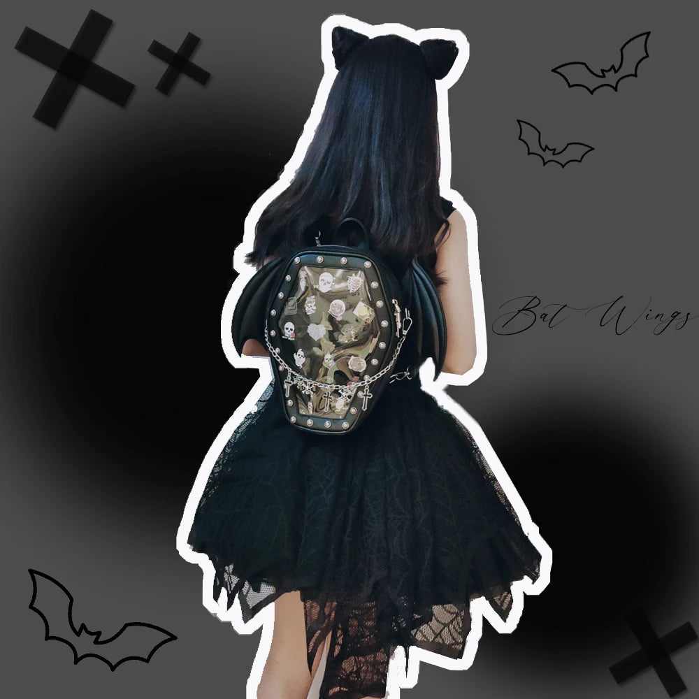 Gothic Punk Coffin Shape Ita Bag Women Clear Backpacks Dark Lolita Handbag and Shoulder Bag Girls Cosplay Designer 2 Insert