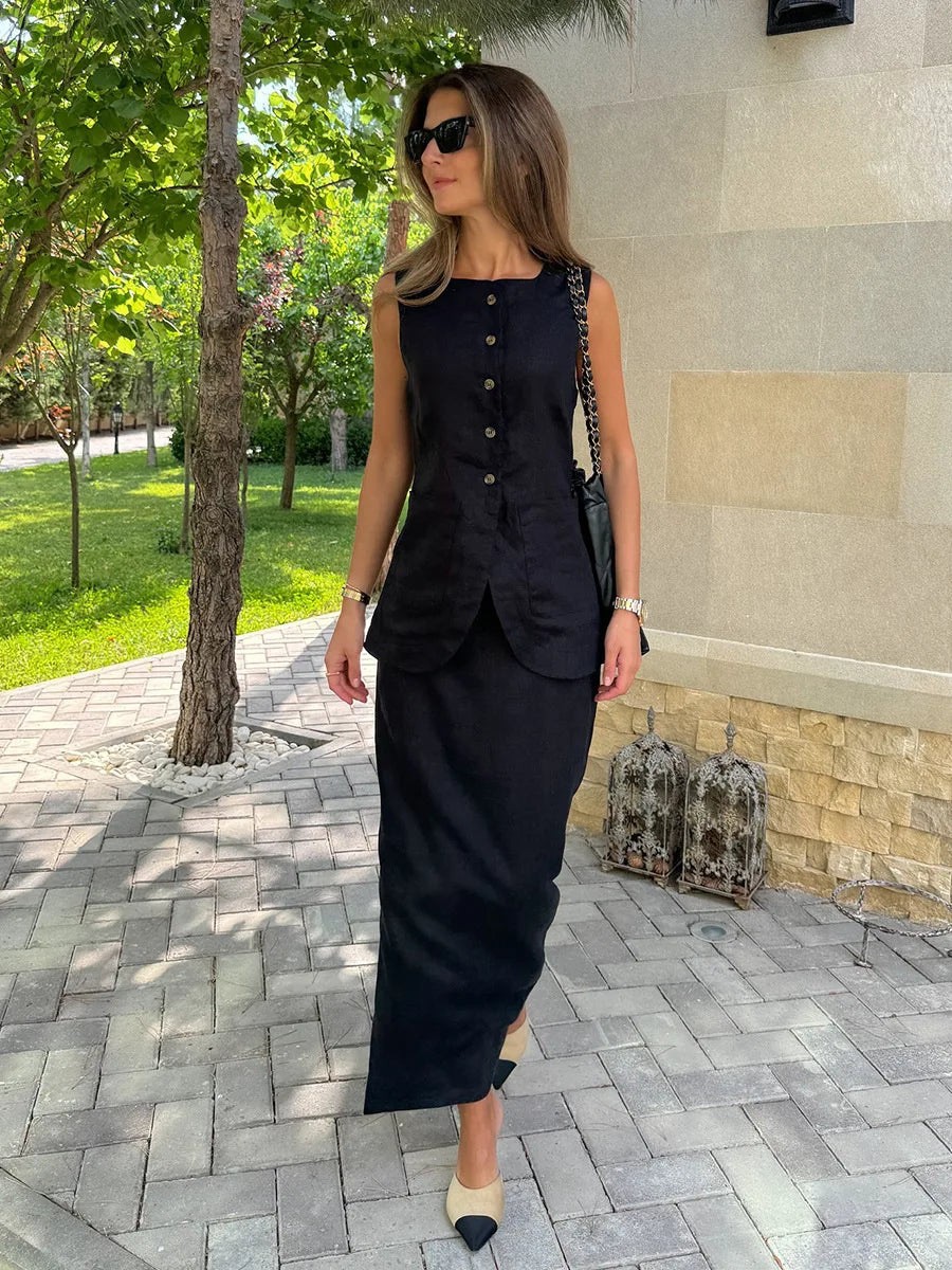 Bornladies Women's Sleeveless Vest High Waisted Skirt Set Spring Summer New Linen Casual Suit Fashion Office Lady Vest Set