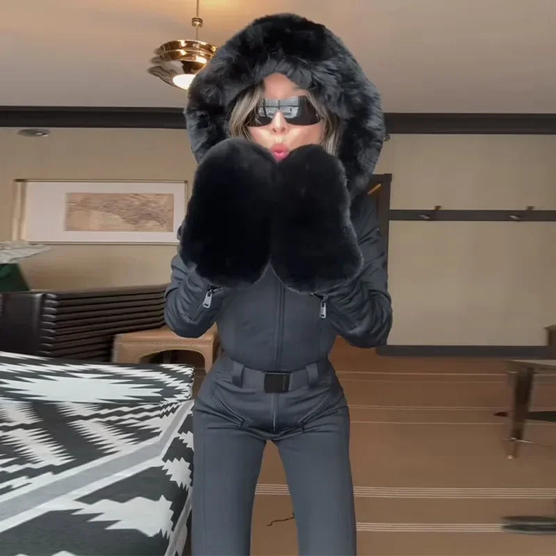 Elegant Faux Fur Hooded Women's Ski Jumpsuit
