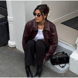 Women's Wine Red Pu Leather Short Jacket Fashion Autumn Lapel Collar Zipper High Street Loose Overcoats Ladies Button Outerwears