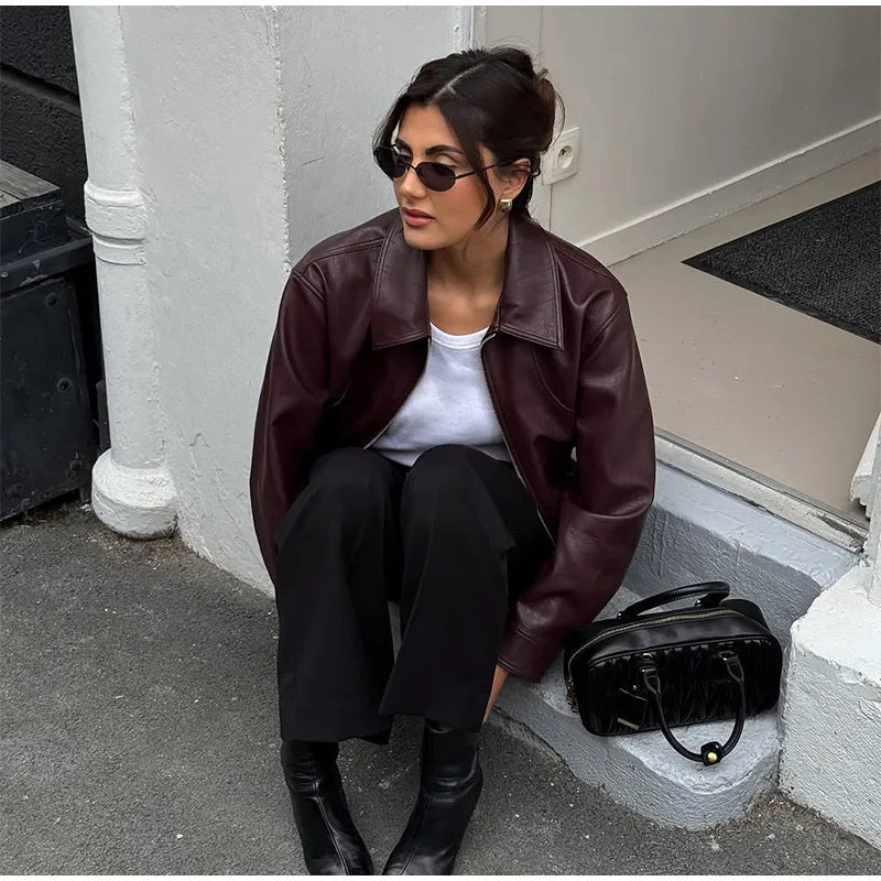 Women's Wine Red Pu Leather Short Jacket Fashion Autumn Lapel Collar Zipper High Street Loose Overcoats Ladies Button Outerwears