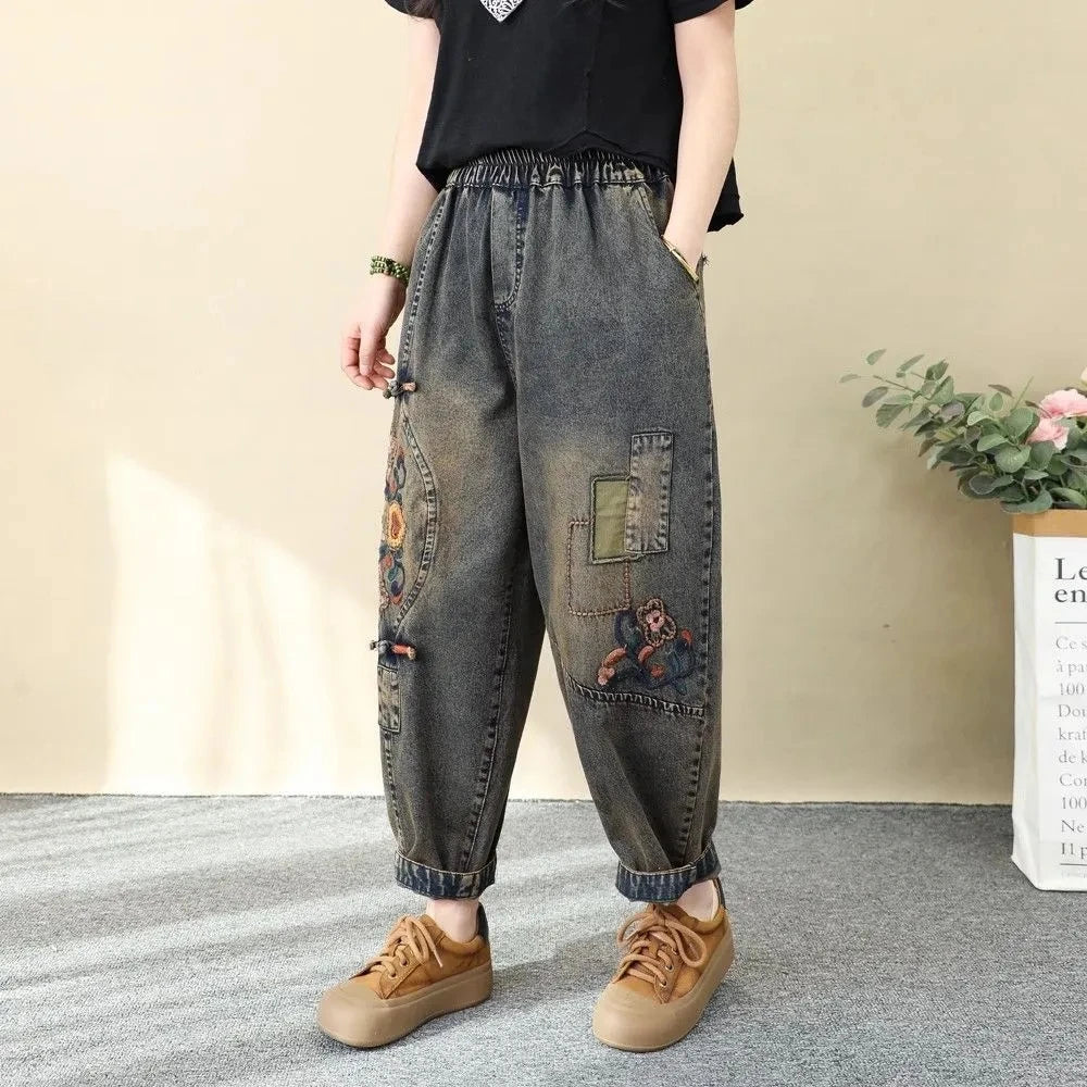 Women's Retro Embroidered High-Waist Jeans