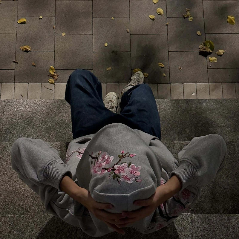 Cherry Blossom Embroidered Zip-Up Hoodie