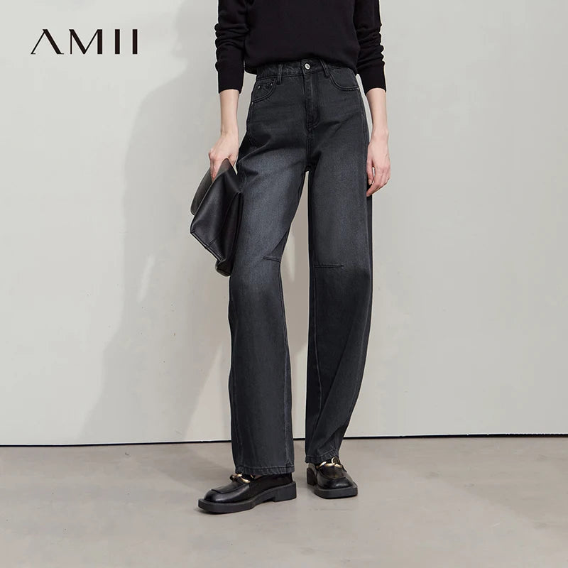 Amii casual Women's jeans 2025 Autumn new minimalist retro Women pants versatile loose cotton wide-leg trousers ladies 12553096