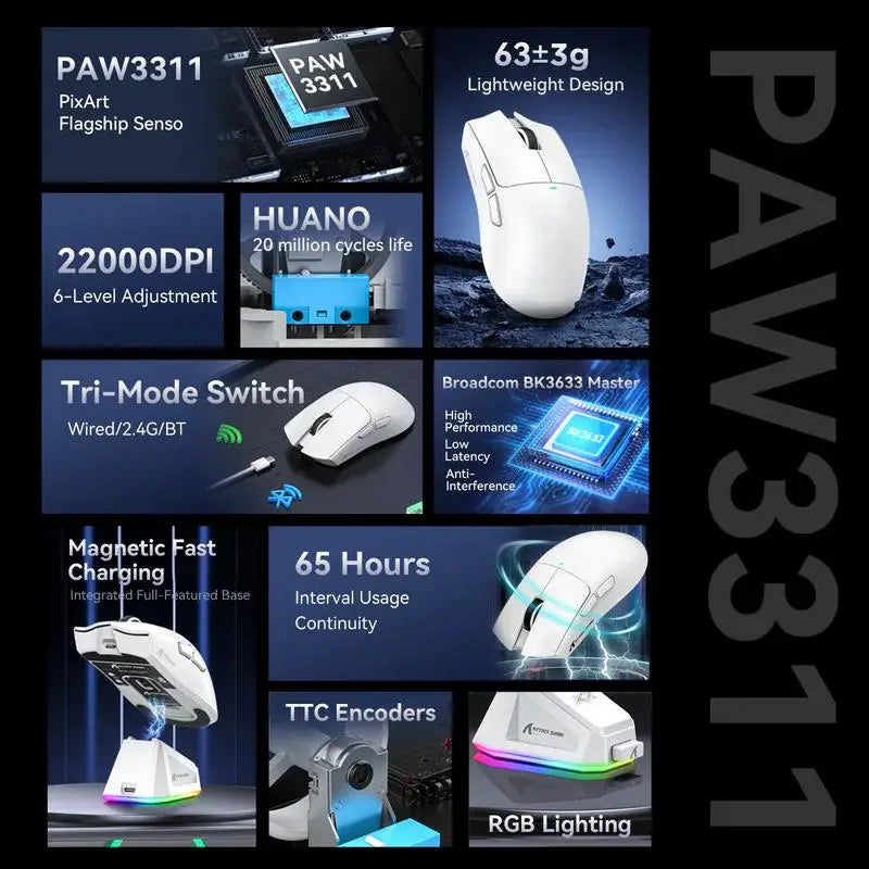 ATTACK SHARK X11 Intelligent Low Power Mouse Wireless 1000Hz PAW3311 Sensor 22000DPI and HUANO 20M Switches for Gaming Mouse