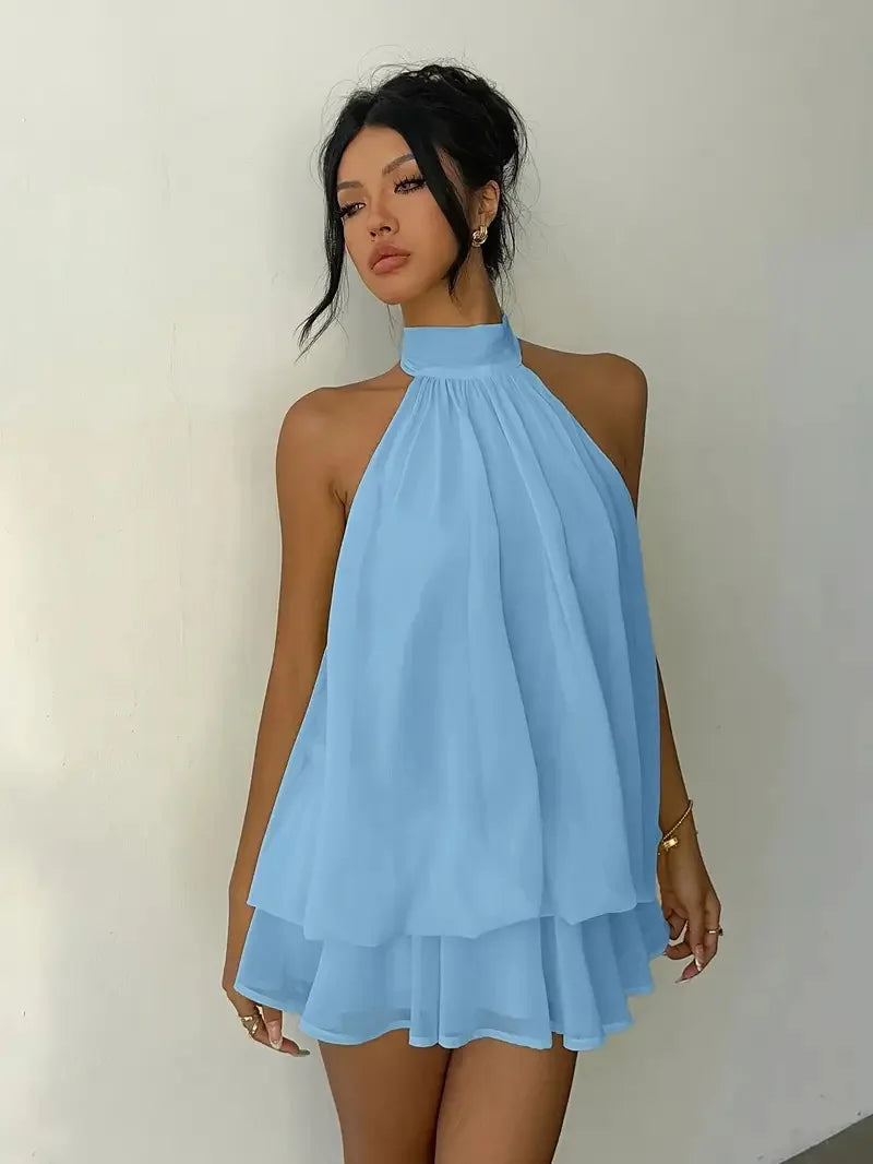 Women's Halter Neck Backless Tie-Front Mini Dress