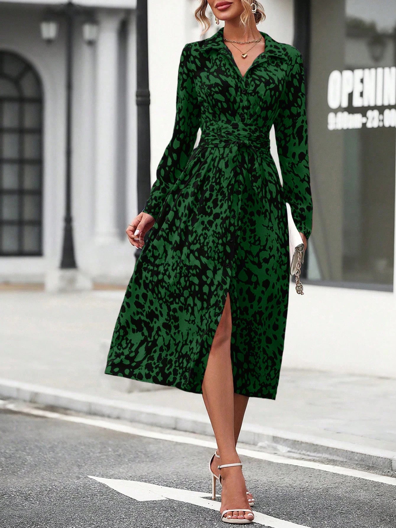 Elegant Print Belted Midi Dress