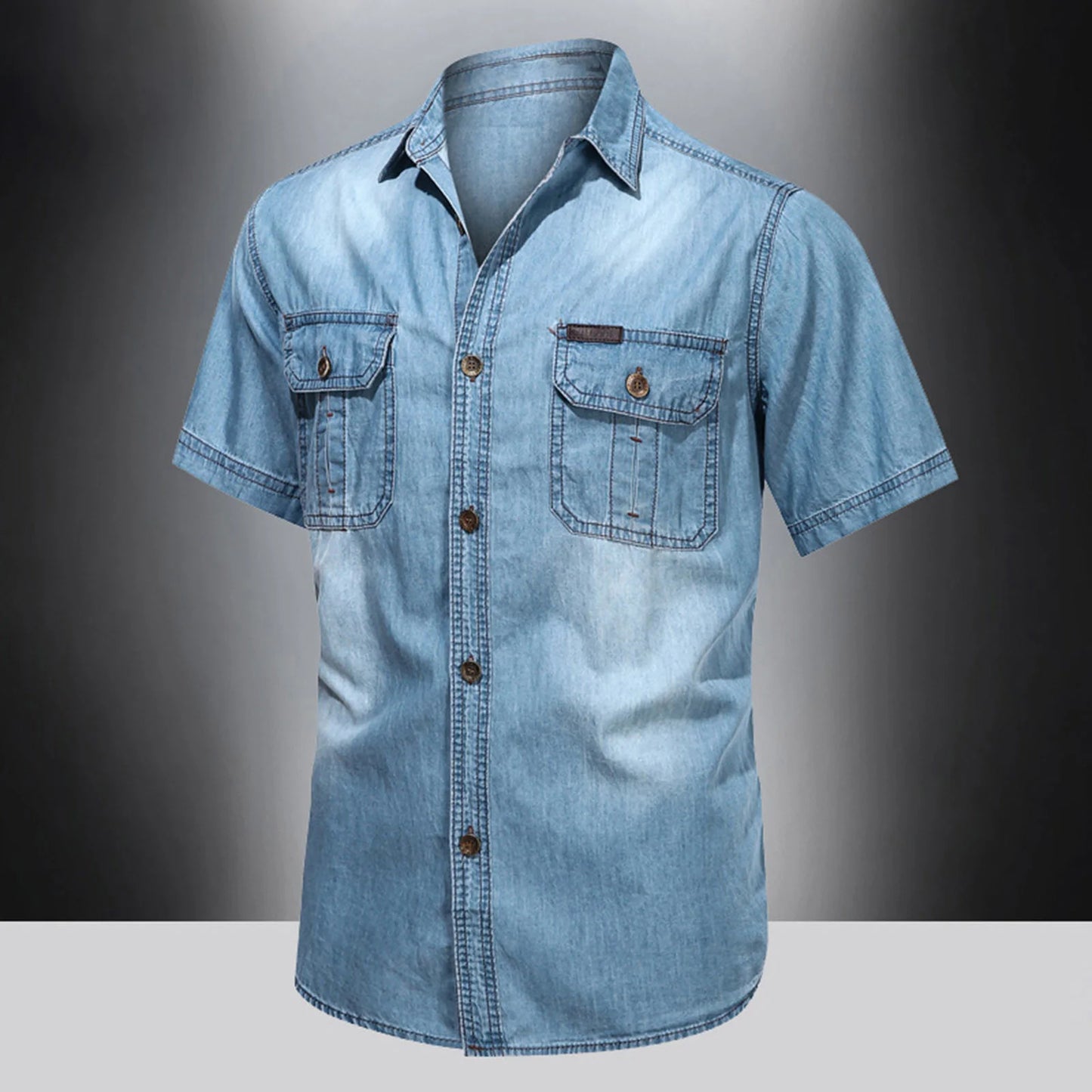 Vintage Street Denim Shirts For Men Male Summer Solid Shirt Short Sleeve Pocket Turn Down Button Shirt Hemden FüR MäNner