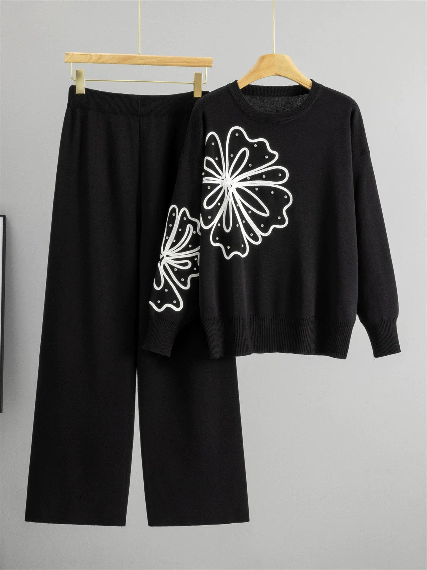 USA-Made Chic Rhinestone Knitted 2-Piece Set – High-Waist Wide Leg Lounge Outfit