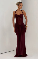 Women’s Halter Backless Maxi Dress – Off-Shoulder Ruched Bodycon Club Party Gown