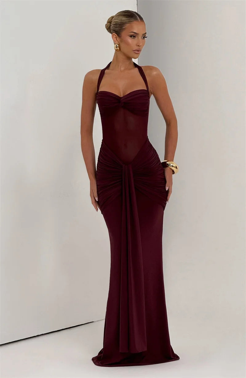 Women’s Halter Backless Maxi Dress – Off-Shoulder Ruched Bodycon Club Party Gown