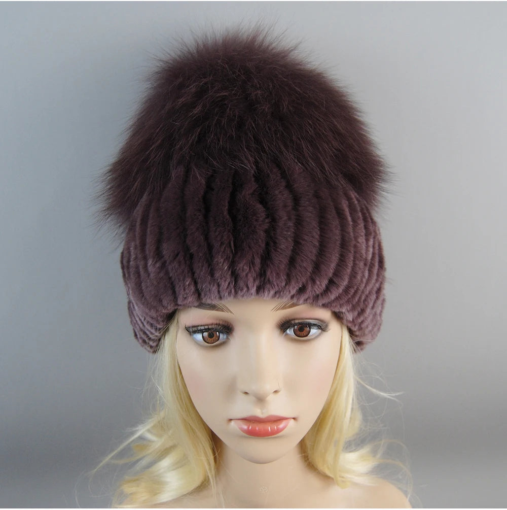 Women's Luxury Rex Rabbit & Fox Fur Beanie Hat