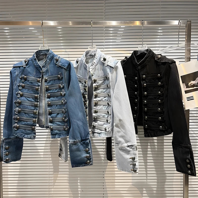 DEAT 2025 Autumn New Fashion Metal Buckle Design Shoulder Strap Denim Short Jacket For Women High Street Coat Female 11A06995