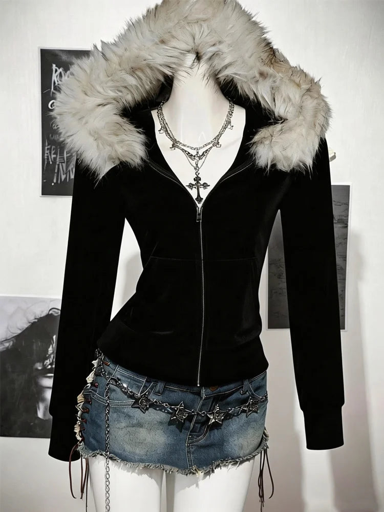 Autumn and Winter Women's Y2K GOTH Zipper Hoodie, Hairy Neck Hat, Slim Fit Long Sleeved Coat, Daily Punk Street Wear Coat