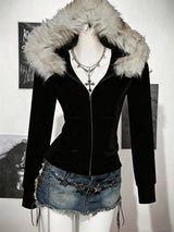 Autumn and Winter Women's Y2K GOTH Zipper Hoodie, Hairy Neck Hat, Slim Fit Long Sleeved Coat, Daily Punk Street Wear Coat