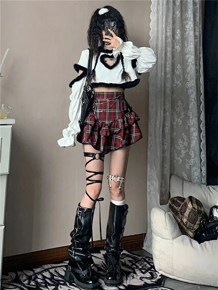 Red Plaid Gothic High-Waist Mini Skirt | Alt Fairycore Y2K