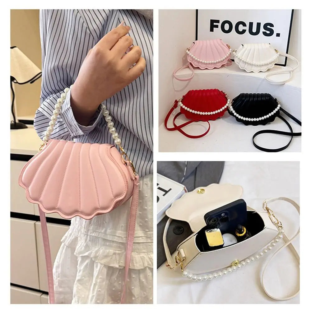 Durable Cute Shell Shoulder Bag Minimalist with Pearls Design Crossbody Bag PU Leather Pearl Decorated Handbag for Women Girls