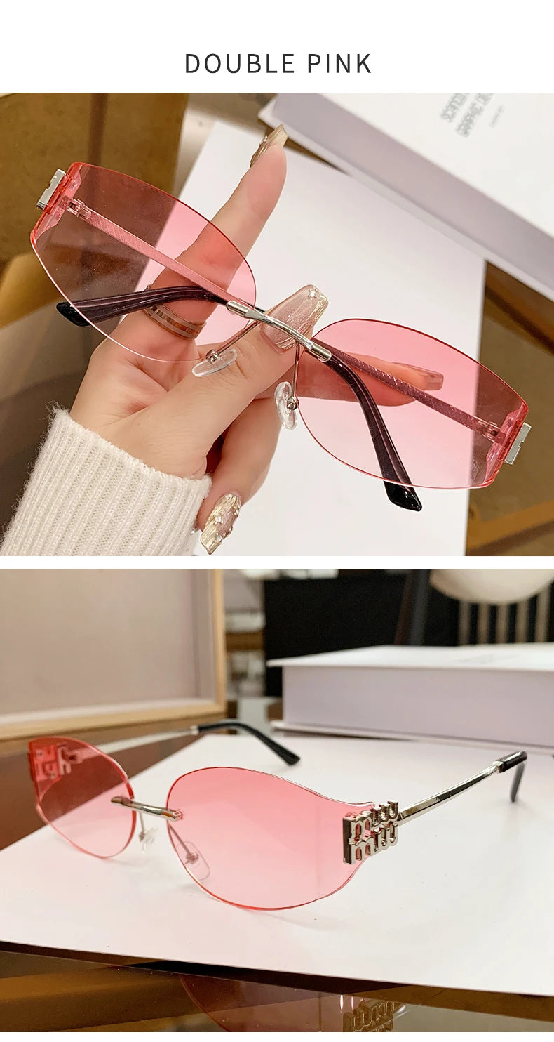 Oversized Rimless Oval Sunglasses – UV400 Metal Frame