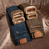 High Quality Brown Winter Jeans Men's Thickened Velvet Warm Elastic Straight Denim Pants Fashion Vintage Korean Plush Trousers