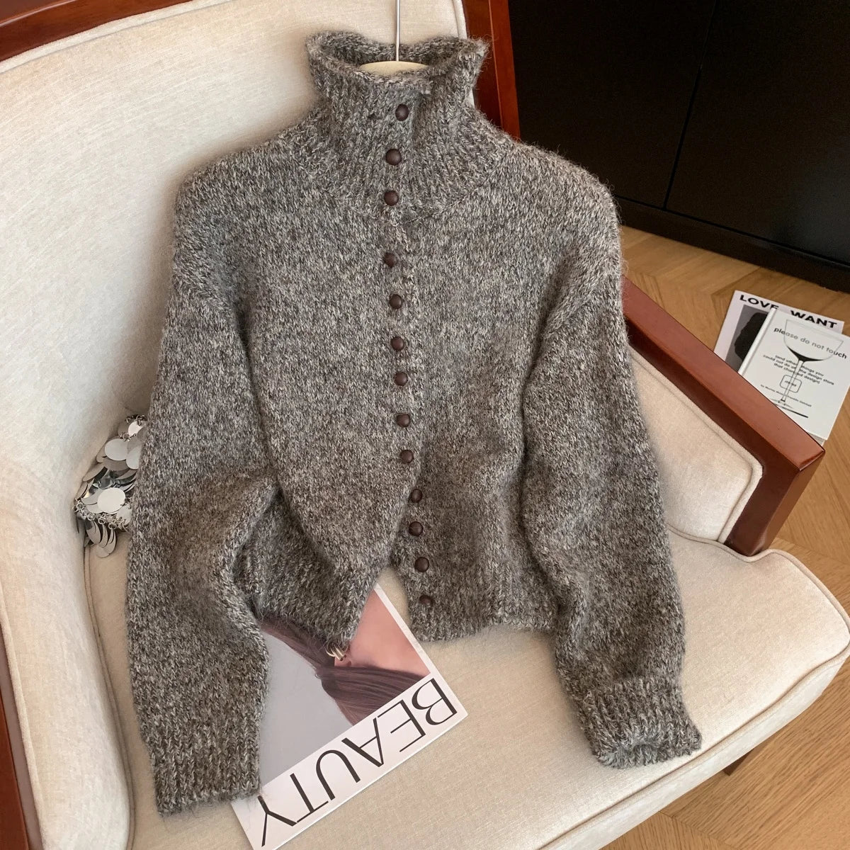 Women's Turtleneck Button-Front Cardigan