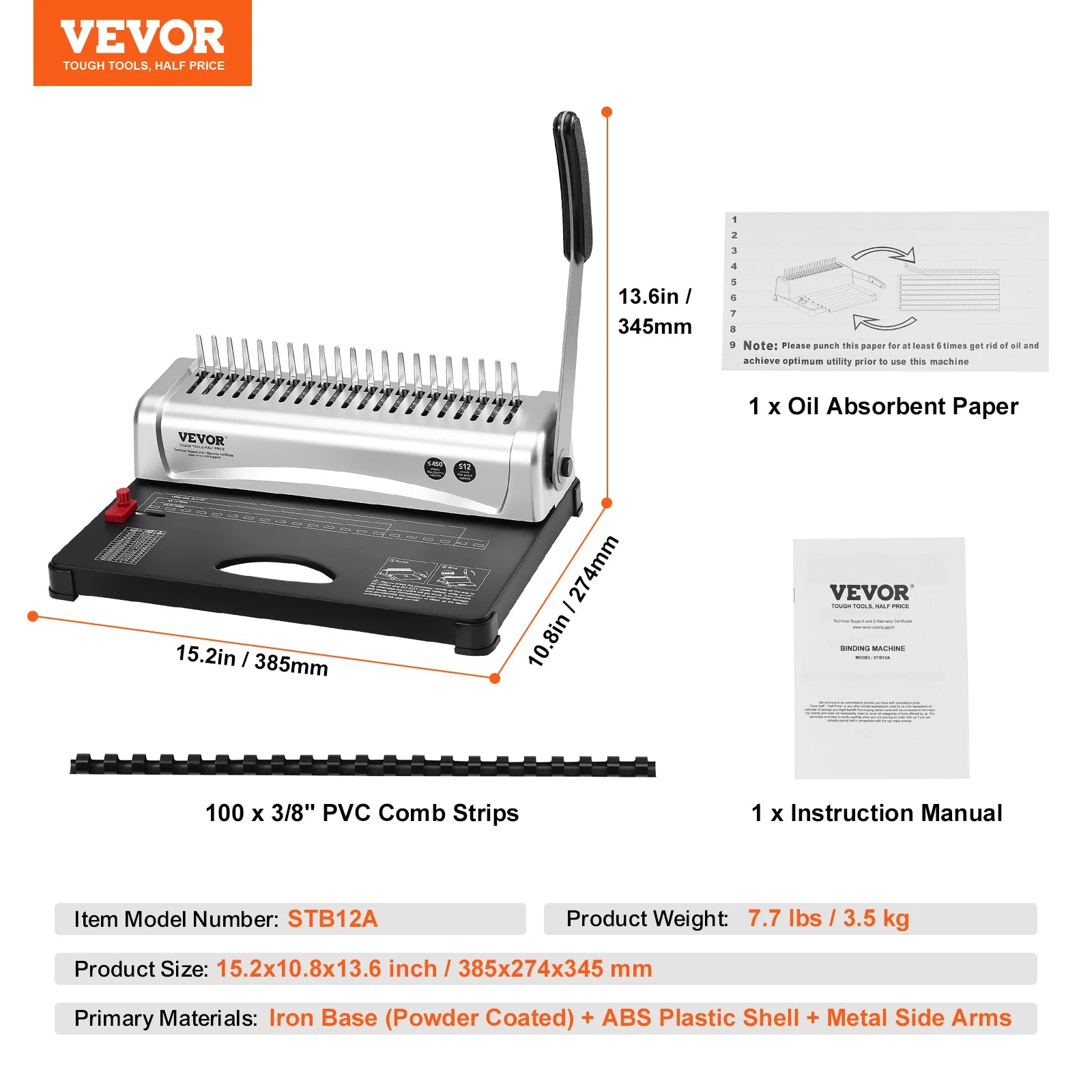 SucceBuy Binding Machine Comb Binding Machine 21Holes Binding 450 Sheets Book Binder Machine with 100 PCS 3/8'' Comb Binding Spines