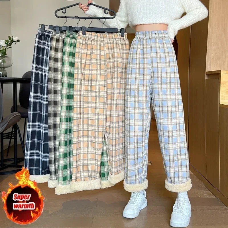 Plaid Plush Wide-Leg Trousers