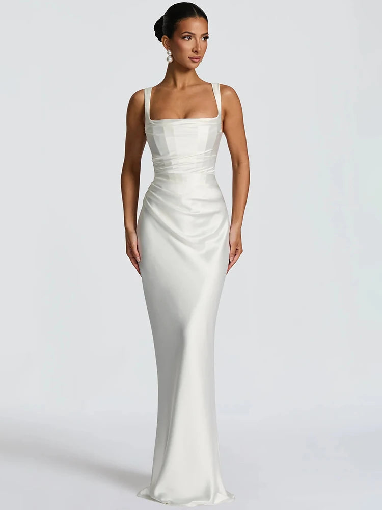 Elegant Backless Satin Maxi Dress – Sleeveless Halter Bodycon Party Gown