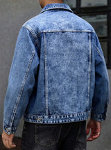 American style multi pocket denim jacket for men blue grey vintage washed loose fitting versatile trendy workwear jacket