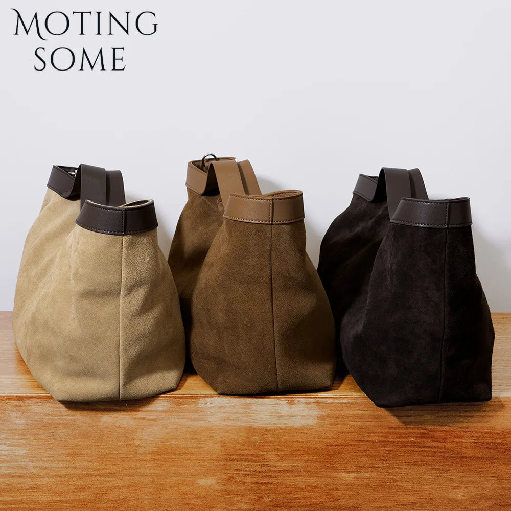 Motingsome Winter New Suede Big Tote Women Matte Cowhide Leather Handbag Oversized Shoulder Bowling Shopper Purse Luxury Design
