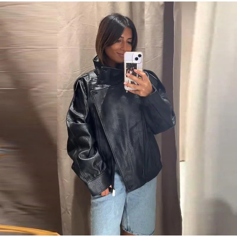 Chic Stand Collar Leather Jacket